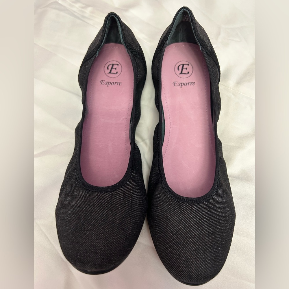 Esporre Black Canvas Ballet Flats Luxurious Pink Leather Insoles Size 9M New
